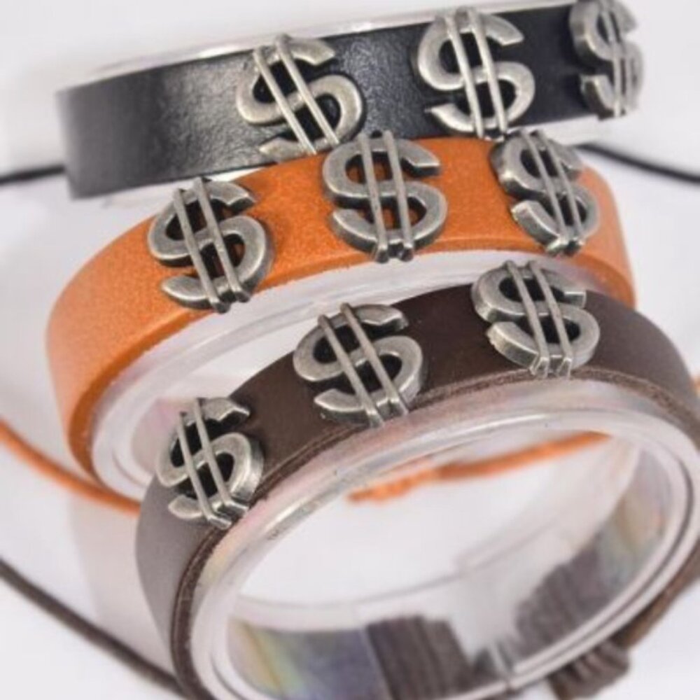 27044 ❤️ Dozen Pack Real Leather Band Silver Dollar Sign Bracelets Wholesale